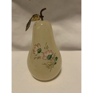 Floral Pencil￼ Holder Paper Weight Carved Stone Pear Shaped Metal Leaf & Stem ￼